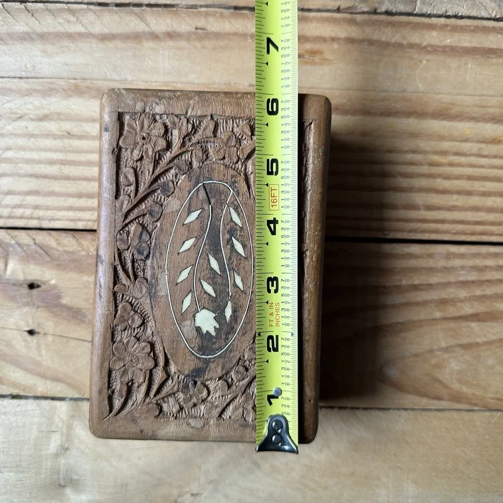 Vintage Carved Wooden Jewelry Box Floral Inlay Trinket Box Made‎ In India 6 Inch